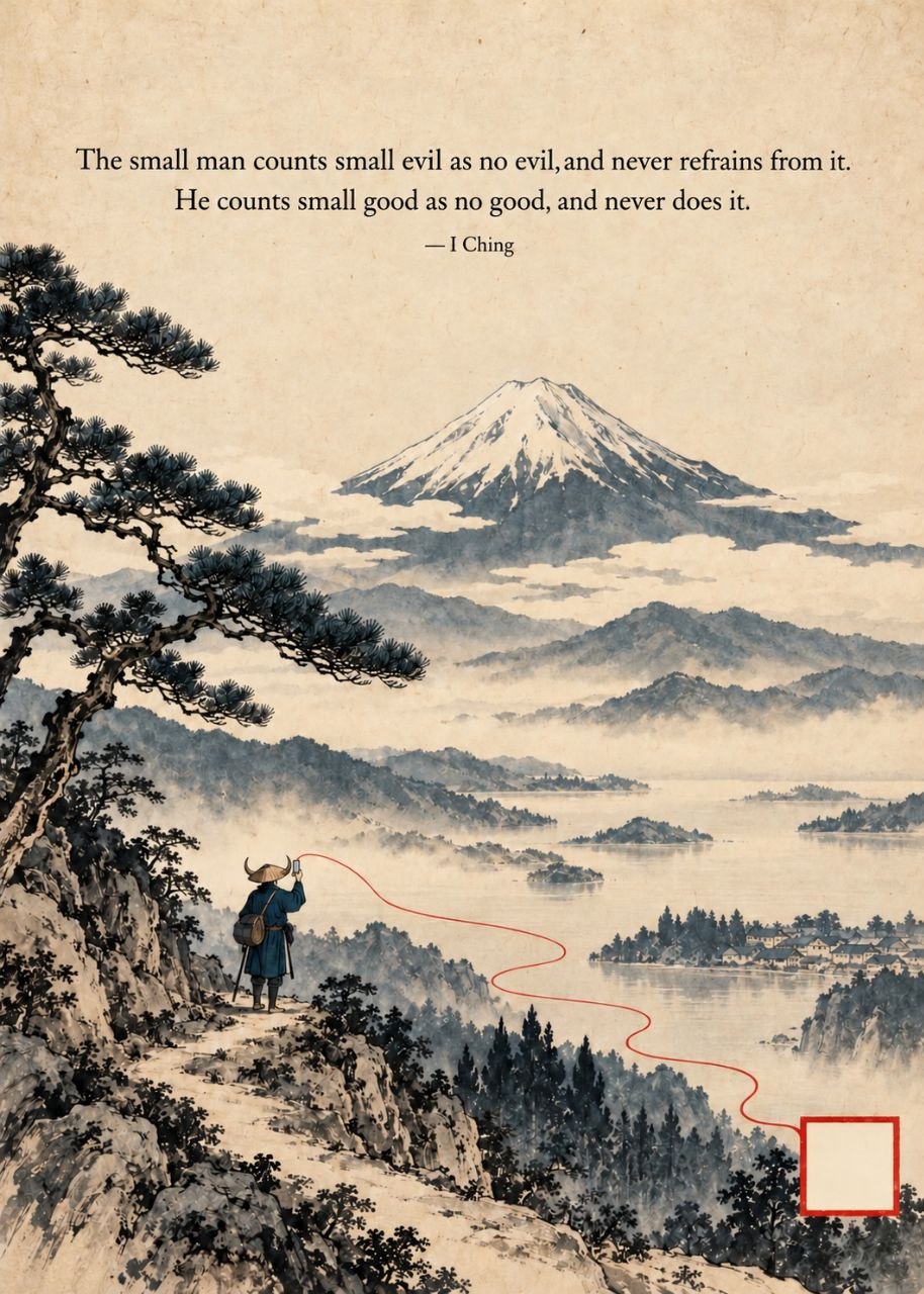 Ink poster: a traveller in a straw hat stands under a pine above a misty valley, Mount Fuji behind; a red thread runs from his hand across the valley to an empty red square. Text: The small man counts small evil as no evil, and never refrains from it. He counts small good as no good, and never does it. — I Ching